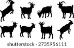 A set of eight black goat silhouettes in different stances and positions on a white background