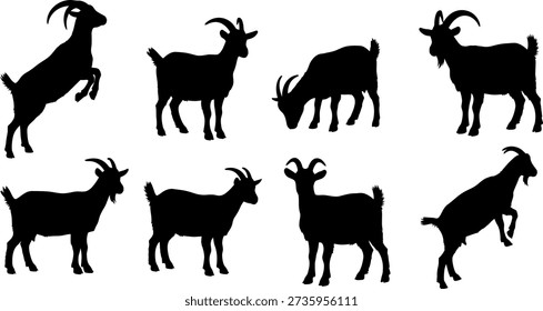 A set of eight black goat silhouettes in different stances and positions on a white background
