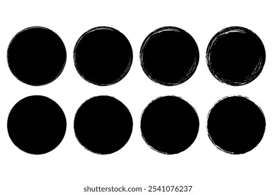 Conjunto de ocho Formas de círculos de grunge negro sobre un fondo blanco. Colección para la insignia del grunge, sello, tinta y sello de diseño de Plantilla. Ilustración vectorial. Archivo Eps 15.