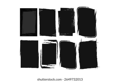 Set of eight black grunge rectangular frames with rough, distressed brush textures, featuring a mix of straight and rounded edges. Perfect for modern posters, edgy social media graphics.