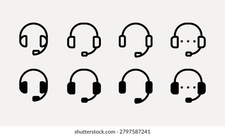 Set of eight black headset icons. Each headset icon features a unique design. Simple, minimalistic headset icons for tech, audio, and communication themes. User interface icons, UI icon vector set.
