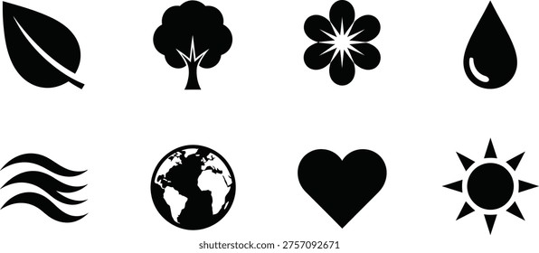 A set of eight black icons on a white background representing nature and emotions