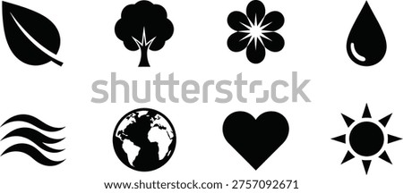 A set of eight black icons on a white background representing nature and emotions