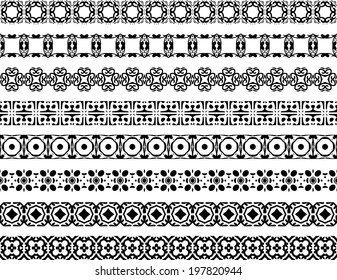 Set of eight black illustrated seamless borders