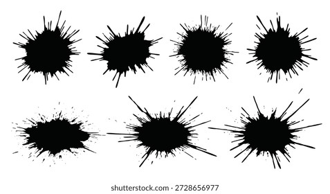Conjunto de oito respingos de tinta preta com padrões de pulverização irregulares e gotas radiantes perfeitas para elementos de design grunge ou artístico.