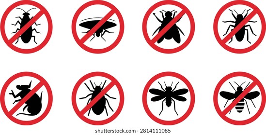 Set of eight black insect and pest prohibition signs with red circles and diagonal lines on a white background representing pest control and exclusion