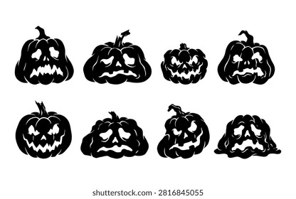 A set of eight black jack o'lantern silhouettes against a white background, showcasing a distinctive and spooky Halloween style.