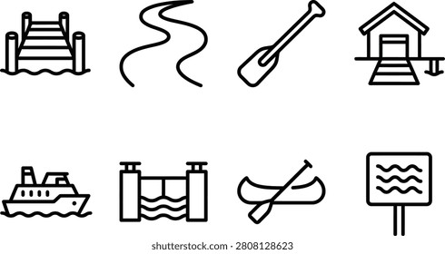 Set of eight black line depicting water-related activities and structures dock pier river stream
