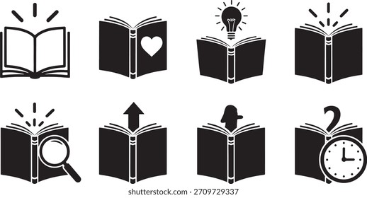 Conjunto de ocho iconos de libro abierto negro con varios símbolos y conceptos de aprendizaje de lectura