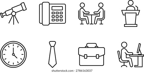 Set of eight black outline featuring a telescope office phone people in a meeting a speaker at a podium a wall clock a necktie a briefcase and a person working at a computer desk