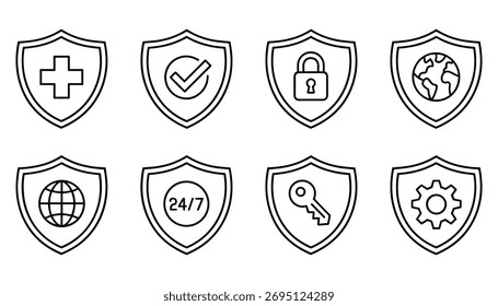 Conjunto de ocho iconos de escudo de contorno negro con símbolos de seguridad y protección de servicio