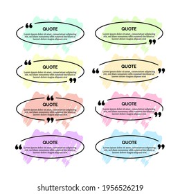 Conjunto de ocho cuadros de comillas ovaladas negras con manchas de color aisladas en fondo blanco. Ilustración del vector