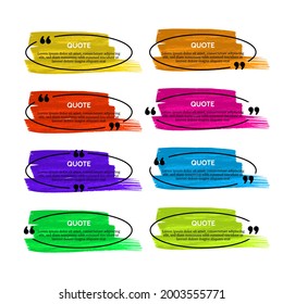 Set of eight black oval quote box frames on colorful smears isolated on white background. Vector illustration