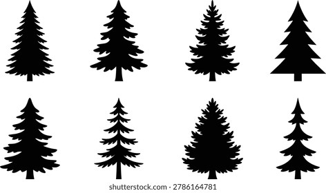 Set of eight black pine tree silhouettes with various branch shapes and foliage densities isolated on a white background for projects