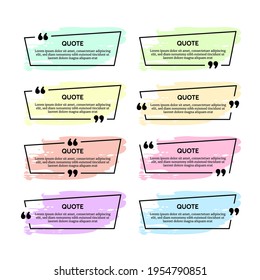 Set of eight black quote box frames with colour smears isolated on white background. Vector illustration