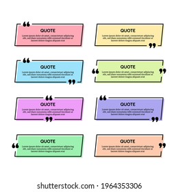 Set of eight black quote box frames on multicolour backgrounds. Vector illustration
