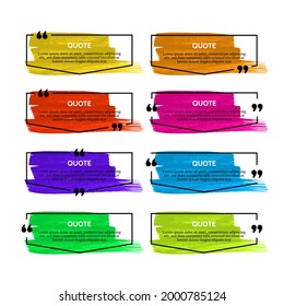 Set of eight black quote box frames on colorful smears isolated on white background. Vector illustration
