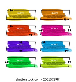 Conjunto de ocho cuadros de comillas negras sobre manchas coloridas aisladas en fondo blanco. Ilustración del vector
