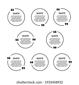 Set of eight black round quote box frames isolated on white background. Vector illustration
