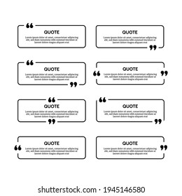 Set of eight black rounded rectangular quote box frames isolated on white background. Vector illustration