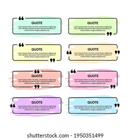 Set of eight black rounded rectangular quote box frames with colour smears isolated on white background. Vector illustration