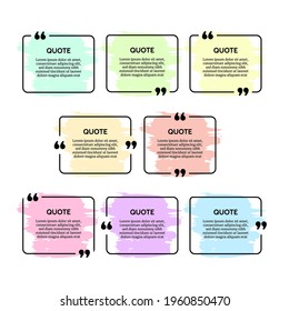 Set of eight black rounded rectangular quote box frames with colour smears isolated on white background. Vector illustration