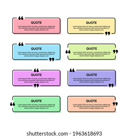 Set of eight black rounded rectangular quote box frames on multicolour backgrounds. Vector illustration
