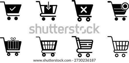 Set of eight black shopping cart with various symbols collection