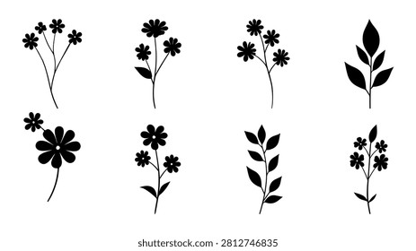 Set of eight black silhouette flower illustrations featuring various floral designs for creative projects and decorative purposes.