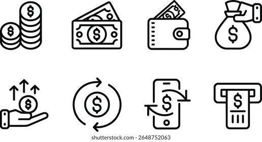 A set of eight black silhouette icons depicting various financial concepts such as coins, cash, wallets, money bags, and digital transactions, all isolated on a clean white background.
