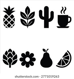 A set of eight black silhouette icons on a white background, featuring a pineapple, leaf, cactus, coffee cup, artichoke, flower, pear, and lemon slice in a simple, modern style.