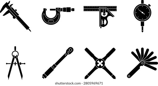 A set of eight black silhouette icons featuring calipers, micrometers, squares, dial indicators, compasses, torque wrenches, tap wrenches, and feeler gauges. Perfect for engineering graphics, machining projects, technical illustrations, and industrial design applications.