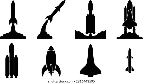 A set of eight black silhouette icons representing rockets and space shuttles, including single‑stage rockets, multi‑booster rockets, shuttle configurations, and launch vehicles with exhaust plumes. Perfect for aerospace, engineering, space exploration, science, and futuristic design projects.