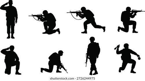 Un conjunto de ocho ilustraciones de silueta negra que representan a soldados en diferentes posiciones de combate, incluyendo arrodillados, de pie y corriendo, con varias armas, sobre un fondo blanco puro