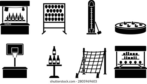 A set of eight black silhouette illustrations featuring ring toss, balloon darts, strength tester, duck pond, basketball hoop, bottle knockdown, rope climbing, and shooting gallery. Perfect for amusement park graphics, festival design projects, entertainment artwork, and playful decorative concepts.