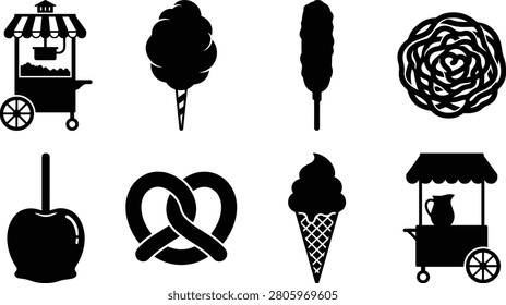 A set of eight black silhouette illustrations featuring popcorn carts, cotton candy, corn dogs, funnel cakes, candy apples, pretzels, ice cream cones, and lemonade stands. Perfect for amusement park graphics, festival design projects, food branding, and entertainment-themed artwork.