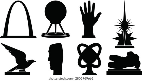 A set of eight black silhouette illustrations featuring arches, spheres, hand sculptures, starburst monuments, birds, human figures, and abstract forms. Perfect for use in architectural graphics, cultural projects, decorative artwork, and creative design concepts.