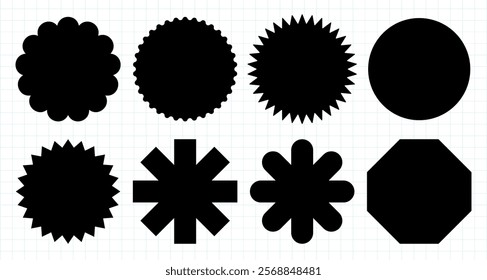 Set of eight black silhouette shapes on grid background. Shapes include circles, stars, and polygons. Silhouette shapes for design, shapes for creativity. Element vector set.