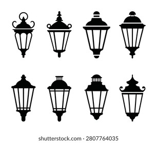 A set of eight black silhouette vector illustrations featuring vintage outdoor wall lanterns and hanging lamp designs