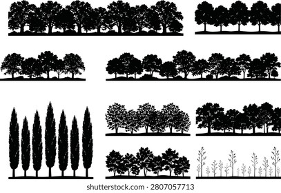 A set of eight black silhouette vectors featuring different tree line arrangements, including broad leafy canopies, rounded deciduous forms, tall coniferous rows, and smaller saplings. Perfect for landscape illustrations, architectural visualization, environmental graphics, and commercial creative projects.