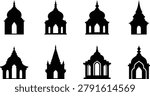 A set of eight black silhouettes depicting various Indian temple architectural styles, featuring domes, spires, and arches on a white background.