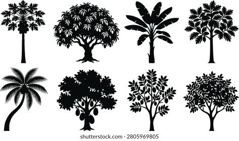 A set of eight black silhouettes depicting tropical and subtropical trees such as palm, banana, papaya, and broadleaf ornamental species. Ideal for botanical illustrations, decorative artwork, logos, and creative projects related to tropical environments.
