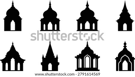 A set of eight black silhouettes depicting various Indian temple architectural styles, featuring domes, spires, and arches on a white background.