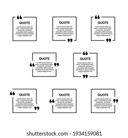 Set of eight black square quote box frames isolated on white background. Vector illustration