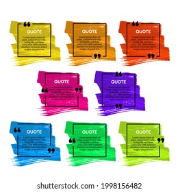 Set of eight black square quote box frames on colorful smears isolated on white background. Vector illustration
