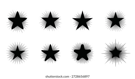 Set of eight black star silhouettes with radiating lines creating a sparkling or glowing effect on a white background.