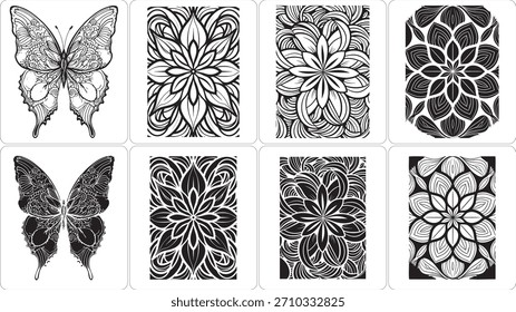 A set of eight black and white decorative designs featuring a butterfly and three distinct floral patterns, presented in a grid.