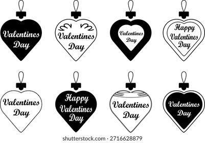 Un conjunto de ocho adornos en forma de corazón en blanco y negro para la celebración del día de San Valentín