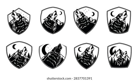 Set of eight black and white howling wolf mascot shield emblems featuring detailed illustrations of wolves, crescent moons, stars, and rugged mountain peaks with pine forest trees.