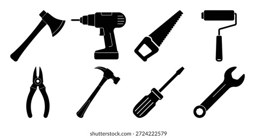 A set of eight black and white icons representing common tools